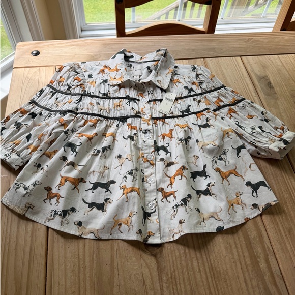 Maeve Tops - Maeve White Button-Front Blouse with Tan & Black Dog Print